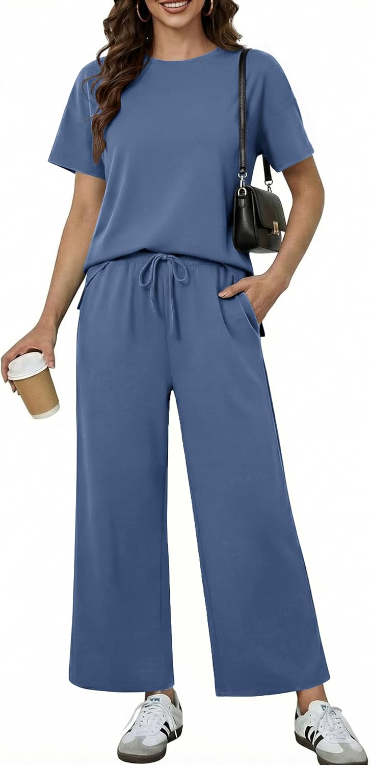 PINSPARK 2 Piece Sets for Women Soft Short Sleeve Tracksuit Wide Leg Pants Lounge Matching Set Travel Summer Outfits 2025