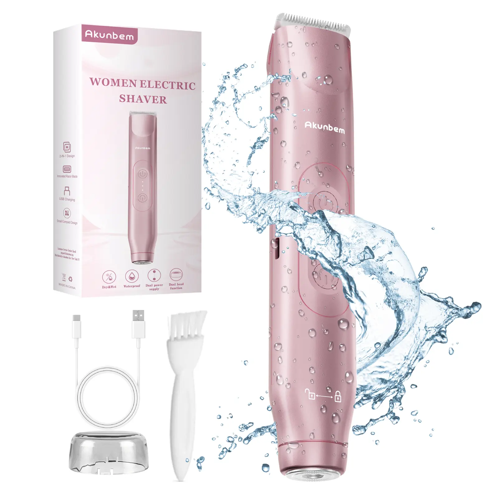 Akunbem Bikini Trimmer for Women, Electric Shaver and Razor Rechargeable 2-in-1 Body and Facial Epilator, Dual Heads for Painless Trimming of Pubic Hair, Face, Underarms and Legs, IPX7 Waterproof. Christmas Gift New Year Gift Shaving Grooming