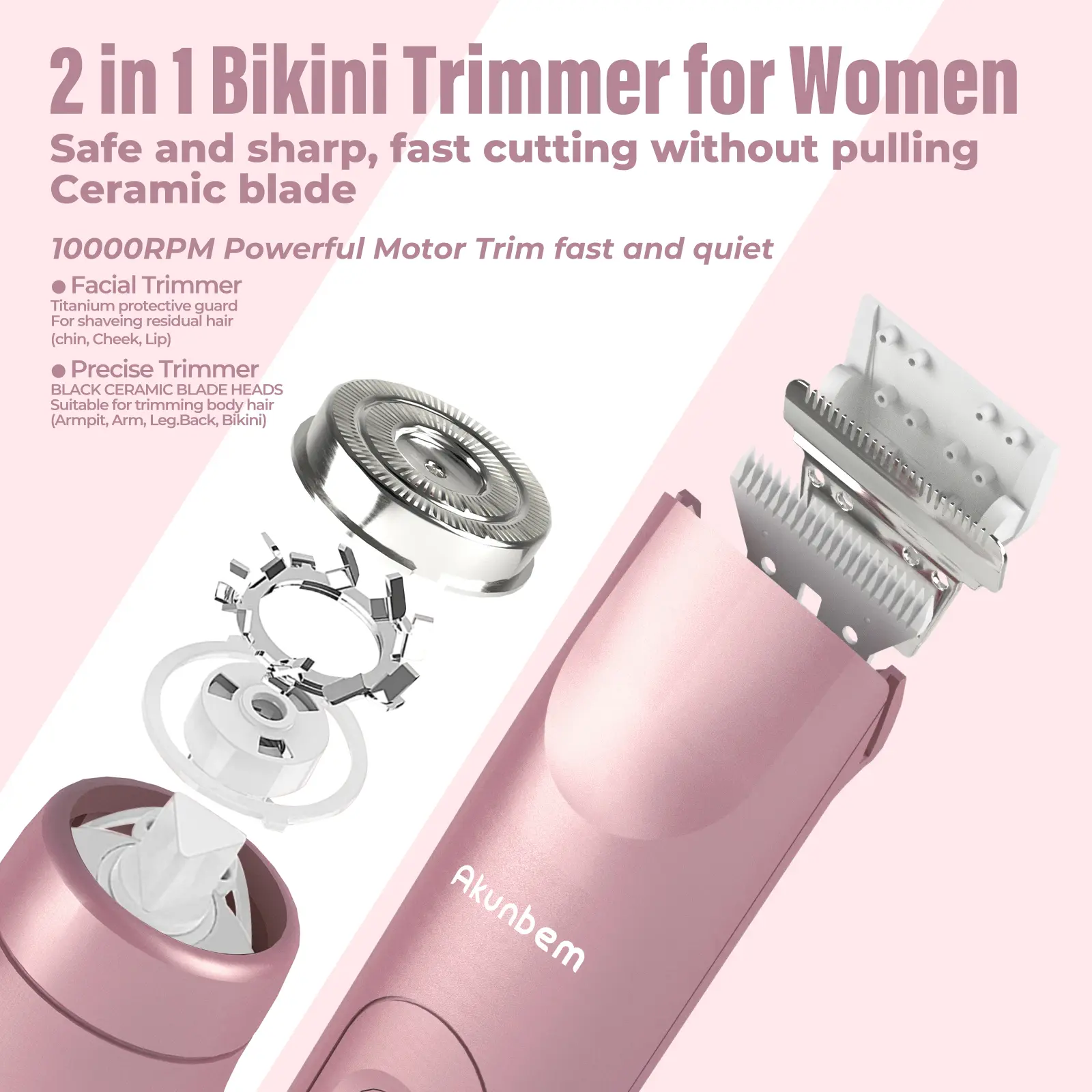 Akunbem Bikini Trimmer for Women, Electric Shaver and Razor Rechargeable 2-in-1 Body and Facial Epilator, Dual Heads for Painless Trimming of Pubic Hair, Face, Underarms and Legs, IPX7 Waterproof. Christmas Gift New Year Gift Shaving Grooming