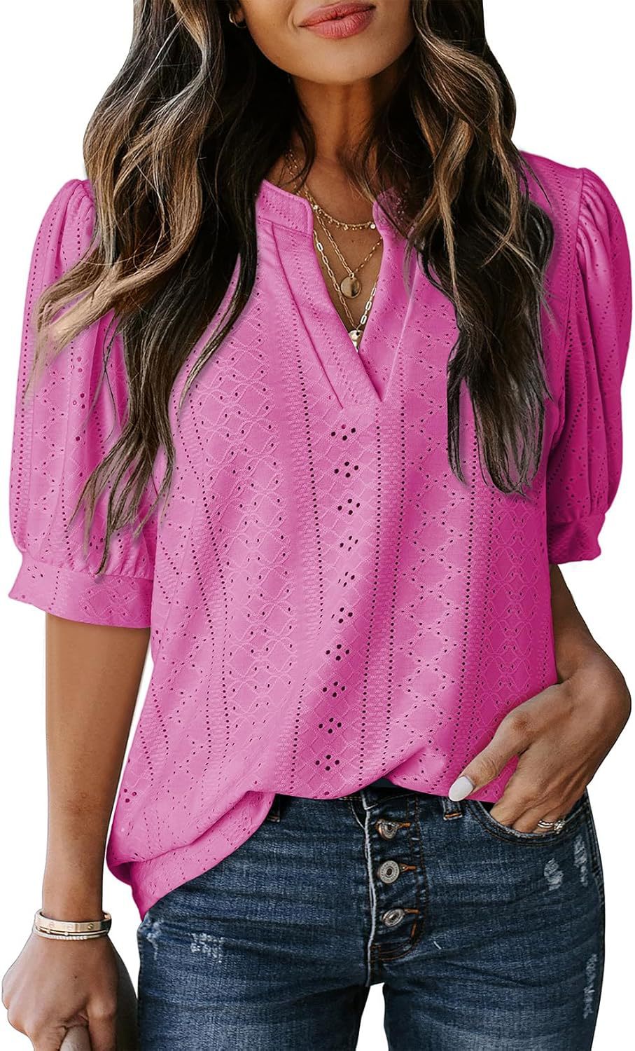 Women's Summer Business Casual Blouses V Neck Short Sleeve Shirts Hollow Out Cute Lace Tops Loose Fit Breathable Fabric