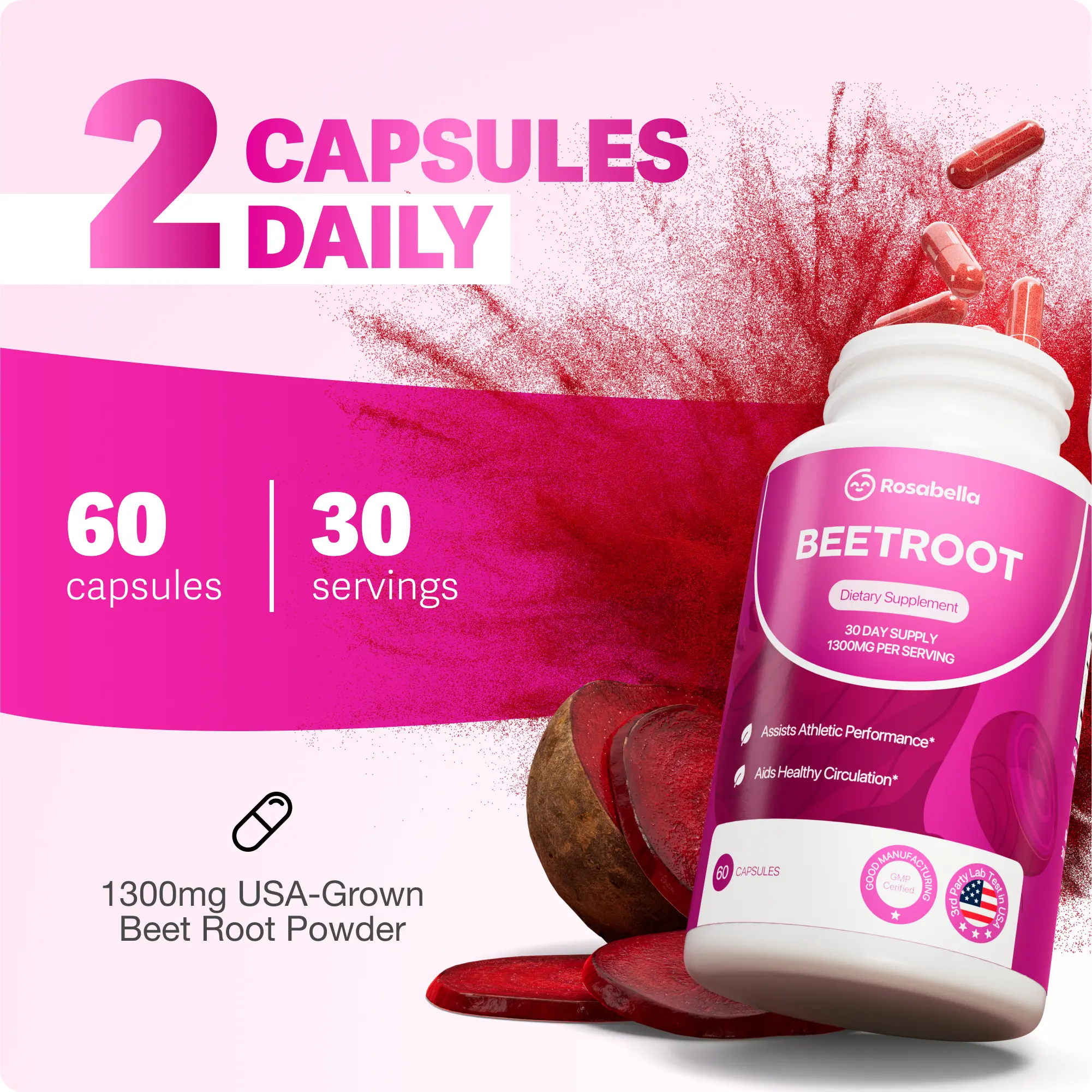 Rosabella Organic Beetroot Capsules (1300mg) for Blood Flow & Heart Health