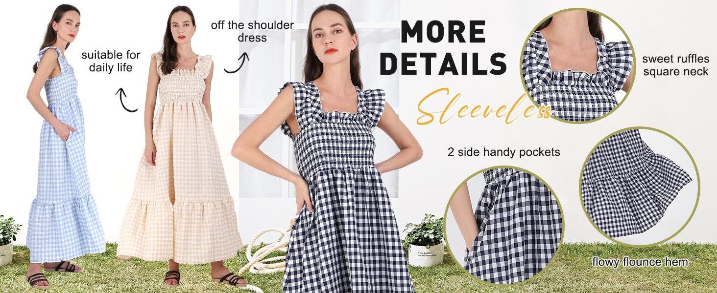 Chouyatou Women's Retro Plaid Smocked Dress Spaghetti Strap Flounce Long Casual Sleeveless Flowy Evening Fashion Basic with Pockets Womenswear Cute Elegant Plus Size Hide Belly Dress