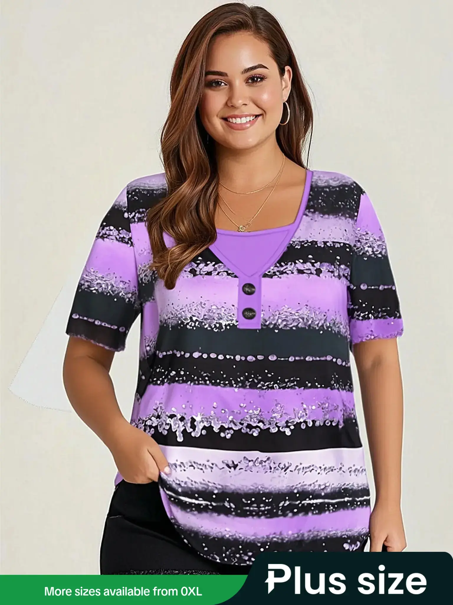 【Plus Size】 Colorful Striped Print V Neck Tee, Casual Short Sleeve T-shirt for Spring & Summer, Women's Plus Clothing for Daily Wear, Top
