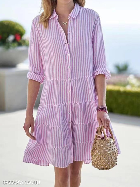 Women's Summer Striped Shirt Dress Half-Button Mini Cake Dress Loose Casual Rolled-Sleeve Design Layered Dress
