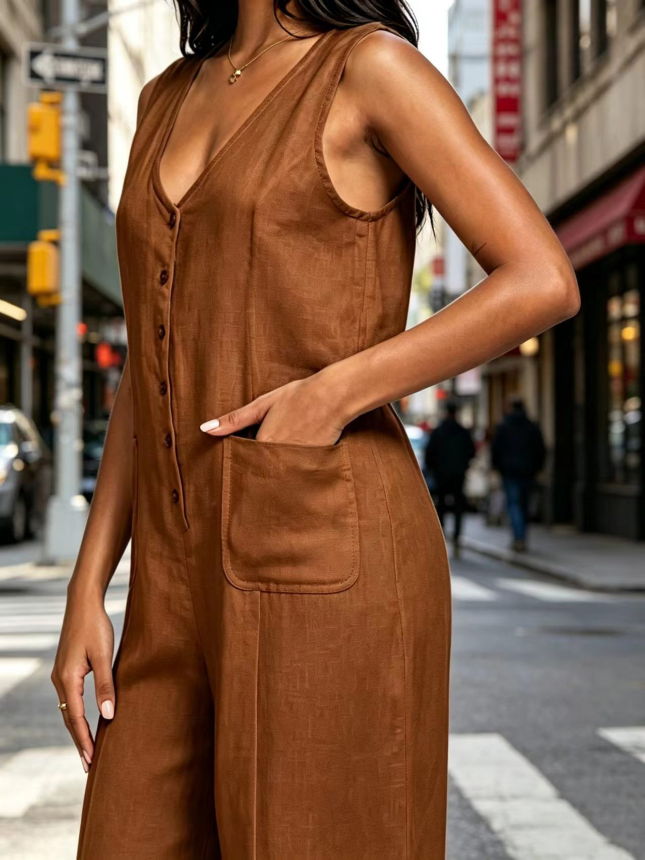 Women Button Down Jumpsuits Cotton Linen Sleeveless Casual Wide Legs Rompers Loose Overall with Pockets SummerVibes Womenswear