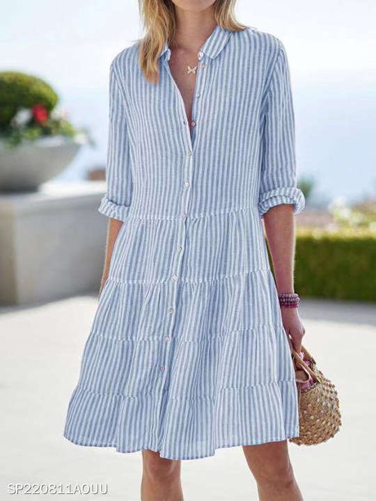 Women's Summer Striped Shirt Dress Half-Button Mini Cake Dress Loose Casual Rolled-Sleeve Design Layered Dress