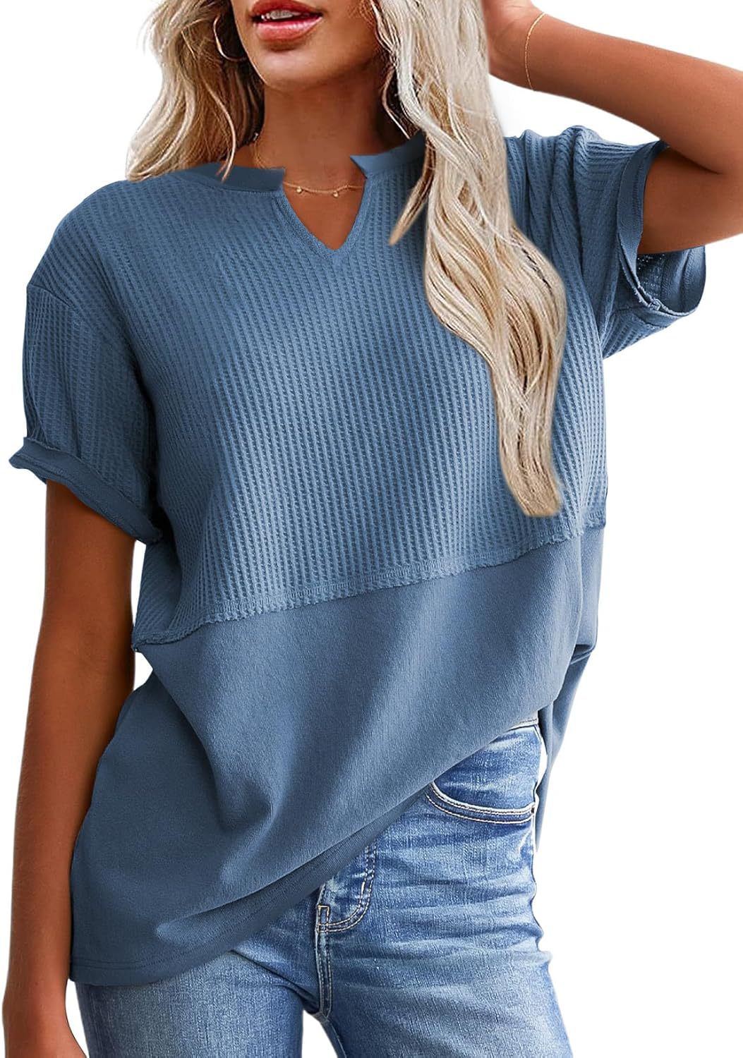2026 Summer Vibes Women's V-Neck Short Sleeve Knit Top, Solid Color, Plus Size, Fits Essential Women's Clothes for Casual Wear