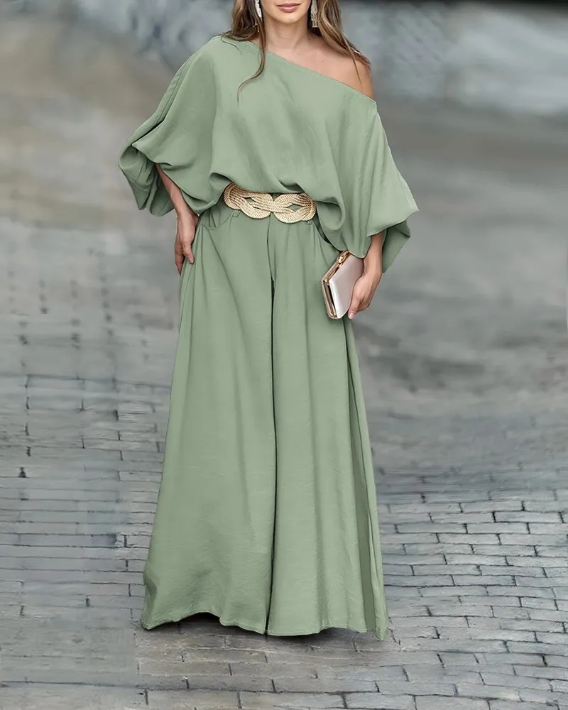 2026 ChicMe Women's Skew Neck Lantern Sleeve Top & Wide Leg Pants Set & Wedding Gust