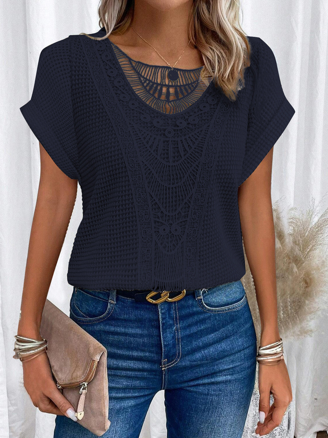 New Arrivals🔥Women’s Casual Loose Shawl Collar Waffle-knit T-shirt