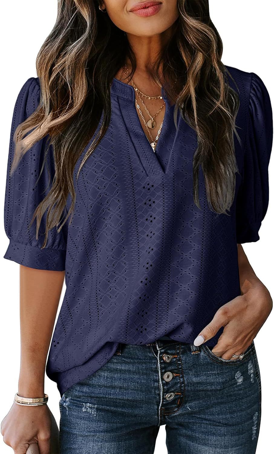 Women's Summer Business Casual Blouses V Neck Short Sleeve Shirts Hollow Out Cute Lace Tops Loose Fit Breathable Fabric
