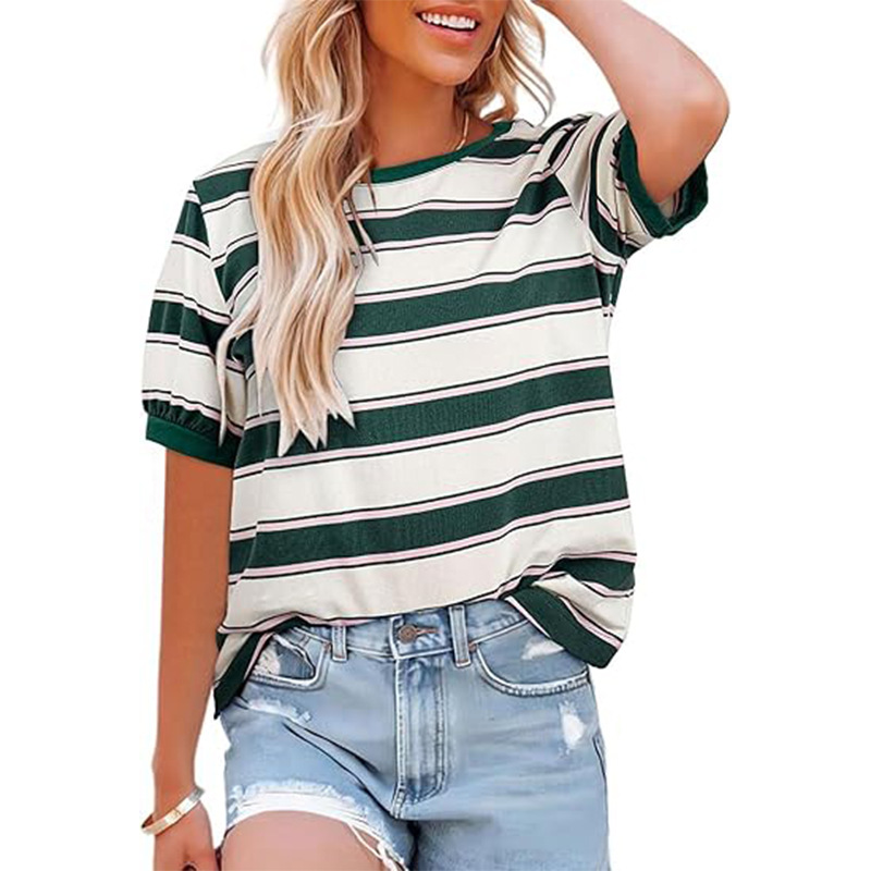 2026 Summer New Women's Striped Color Block Short-Sleeve T-Shirt, Crew Neck Casual Loose Basic T-Shirt, Breathable, Lightweight, Soft and Durable.