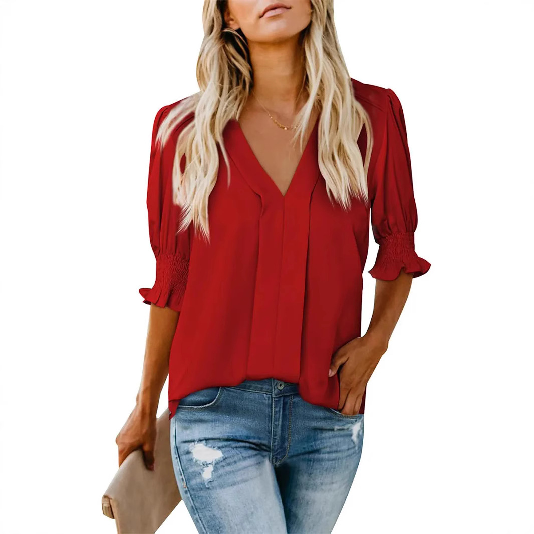 Womens Graphic Solid V Neck T Shirts Tops Casual Ruffle Short Sleeve Blouses Boho Floral Lightweight Cute Tee 2026 Womenswear Summer Springtok Outfits