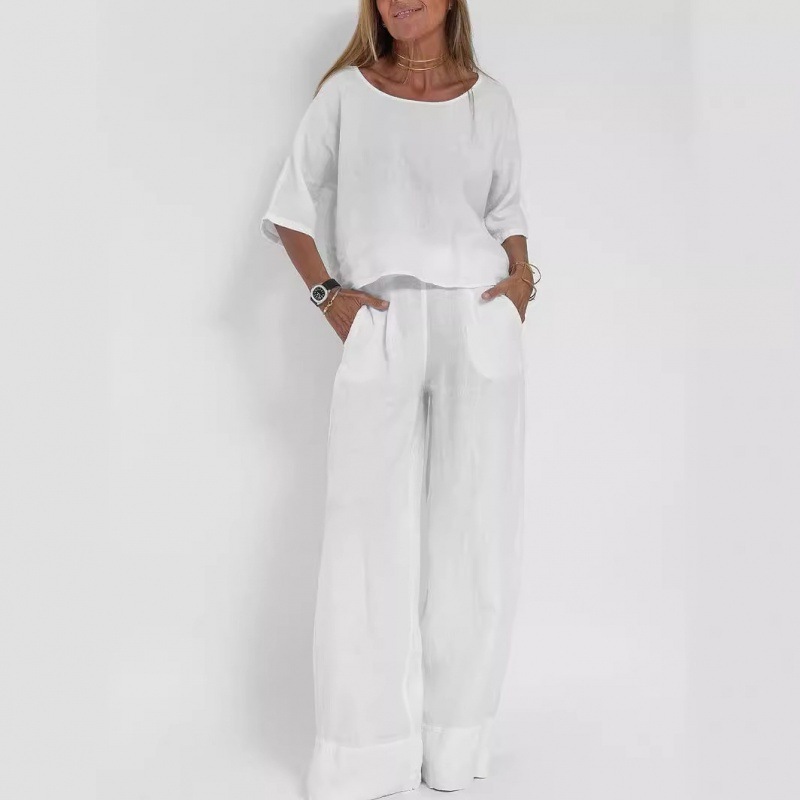 Cross-Border Amazon Aliexpress European And American Summer New Women'S Casual Loose Solid Color Short-Sleeved Cotton And Linen Pants Suit