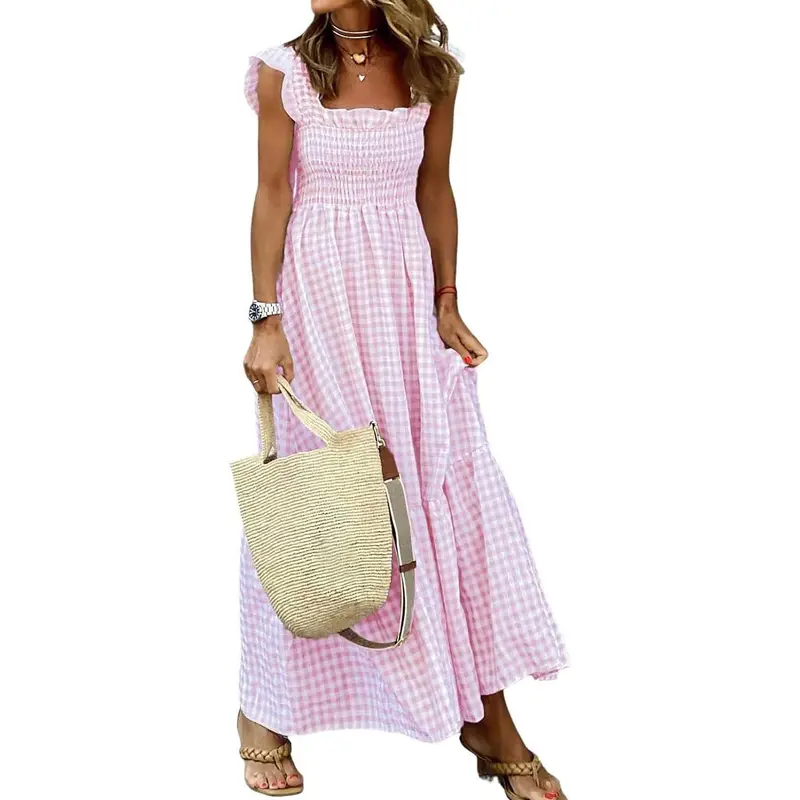 2023 European And American Independent Station Amazon Summer Temperament Women'S Collage Plaid Suspender Elastic Swing Dress