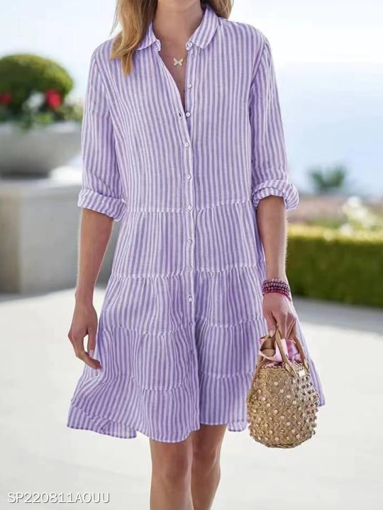 Women's Summer Striped Shirt Dress Half-Button Mini Cake Dress Loose Casual Rolled-Sleeve Design Layered Dress