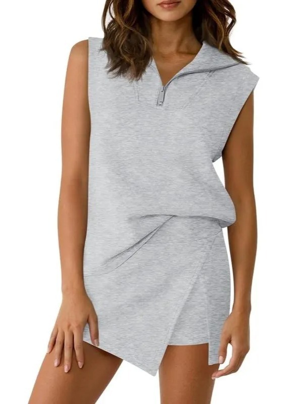 Womens 2 Piece Skirt Sets Summer Sleeveless Half Zip Sweatshirt Athletic Skorts Tennis Outfits Casual Sweatsuits #SummerVibes