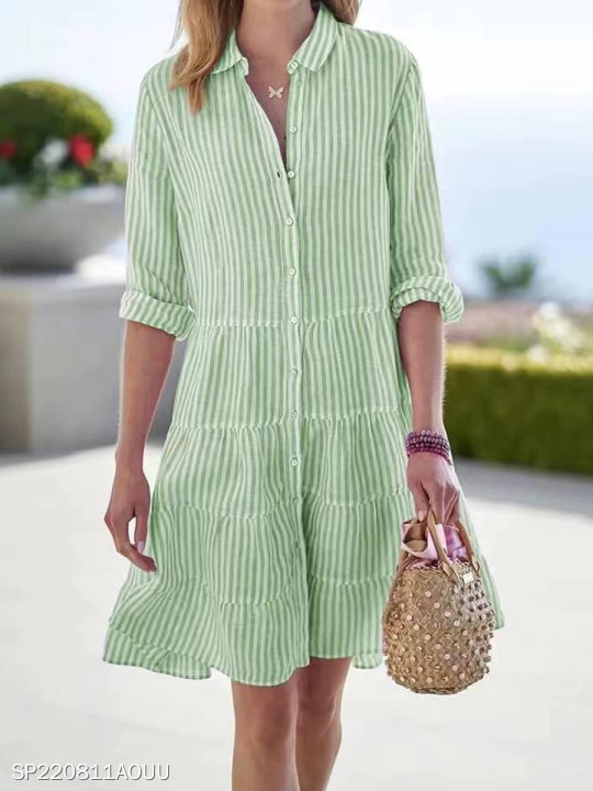 Women's Summer Striped Shirt Dress Half-Button Mini Cake Dress Loose Casual Rolled-Sleeve Design Layered Dress