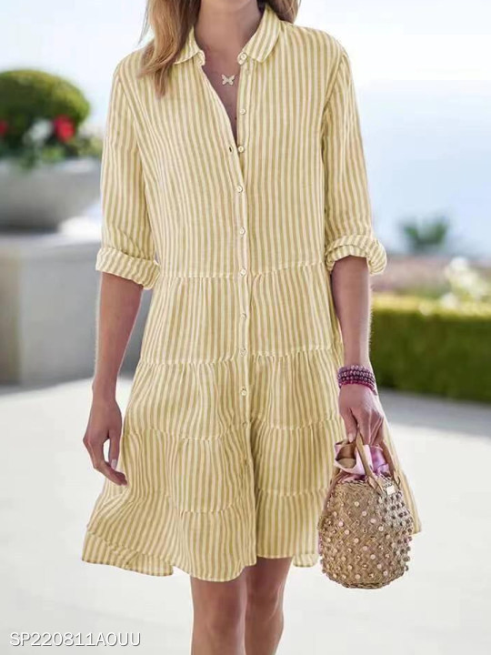 Women's Summer Striped Shirt Dress Half-Button Mini Cake Dress Loose Casual Rolled-Sleeve Design Layered Dress