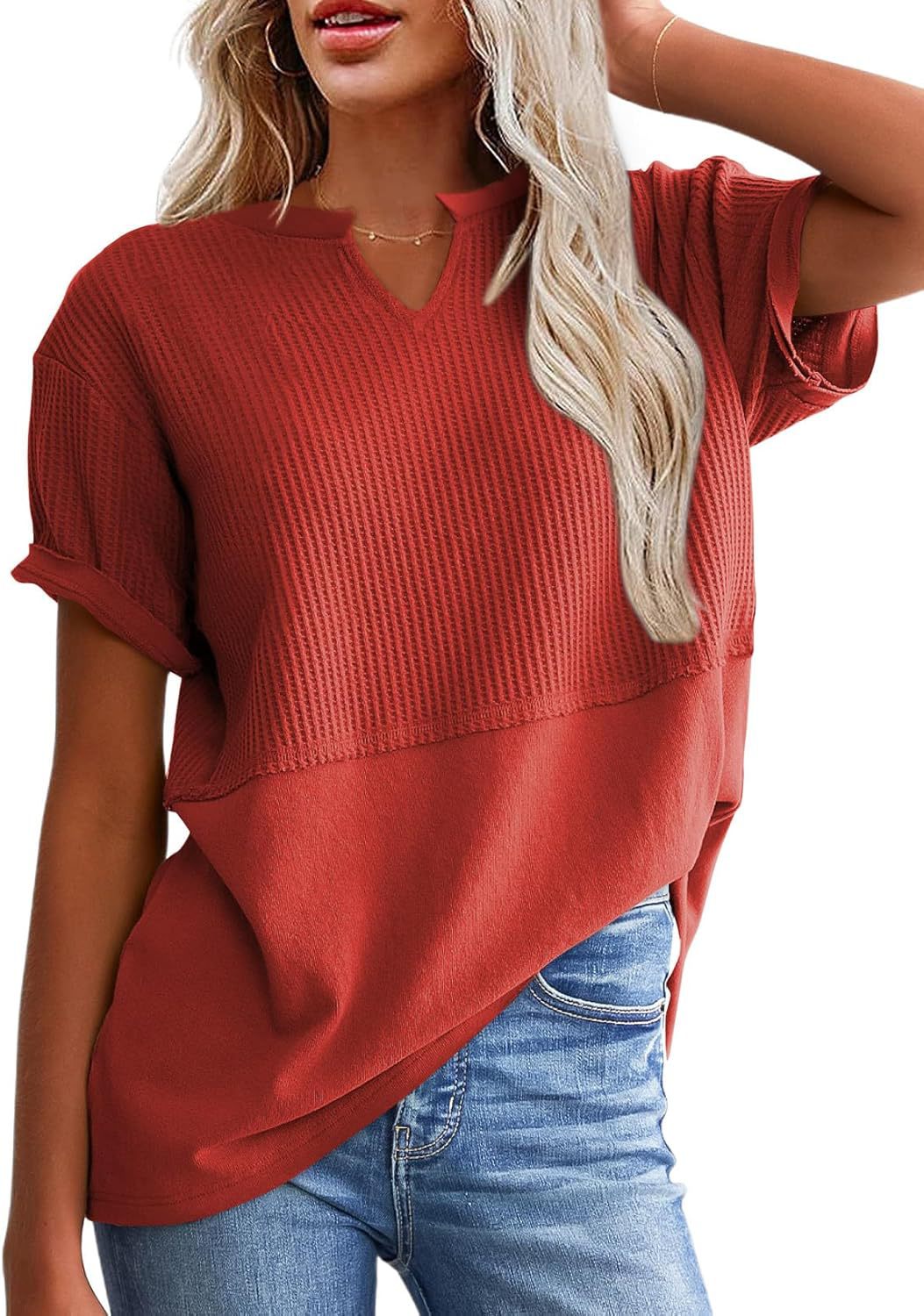 2026 Summer Vibes Women's V-Neck Short Sleeve Knit Top, Solid Color, Plus Size, Fits Essential Women's Clothes for Casual Wear