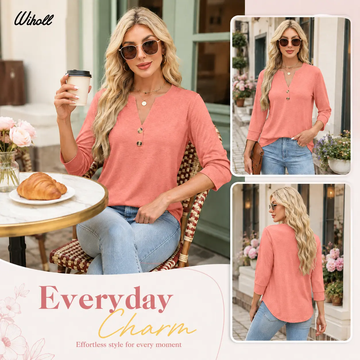 WIHOLL 3/4 Sleeve Tops Summer Outfits for Women Breathable Lightweight Blouses Air Conditioner Friendly Loose Fit Beach Vacation Girls Adjustable