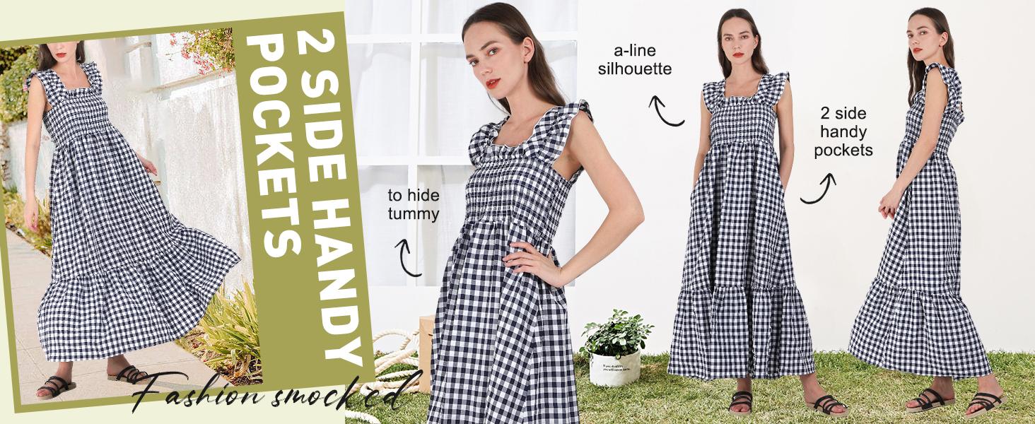 Chouyatou Women's Retro Plaid Smocked Dress Spaghetti Strap Flounce Long Casual Sleeveless Flowy Evening Fashion Basic with Pockets Womenswear Cute Elegant Plus Size Hide Belly Dress