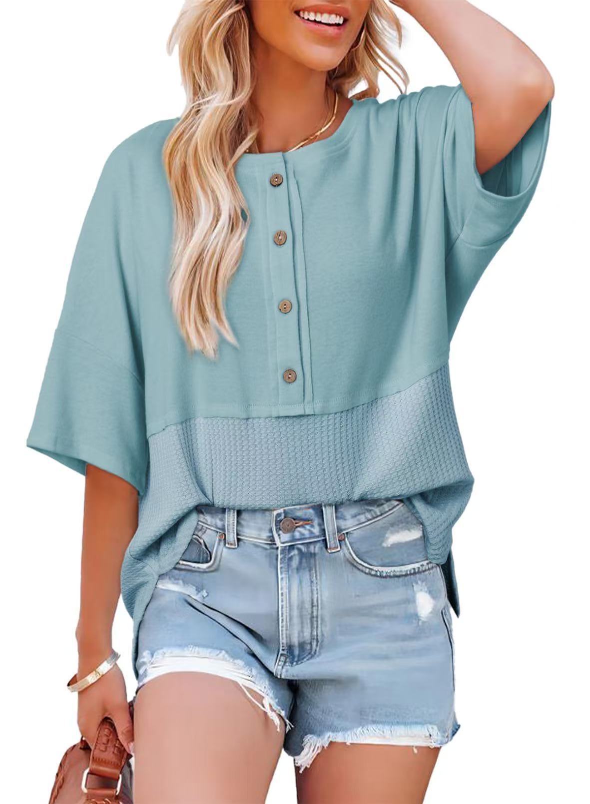 Womens Waffle Knit Tops 2026 Fashion 3/4 Sleeve Casual Button Down Shirts Crew Neck Oversized Patchwork Blouses