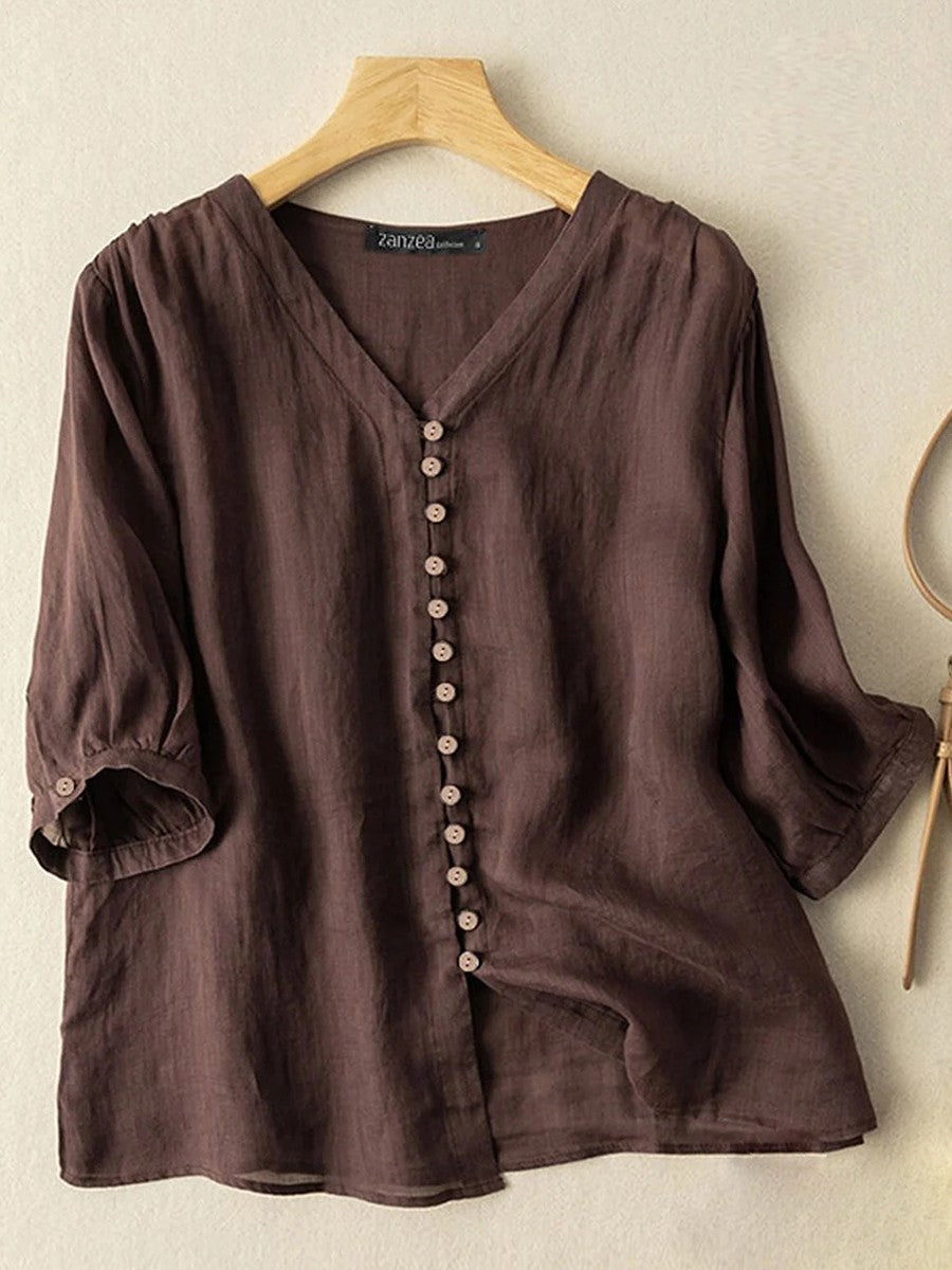 Solid Color V-Neck Buttoned Cotton 3/4 Sleevess Shirt