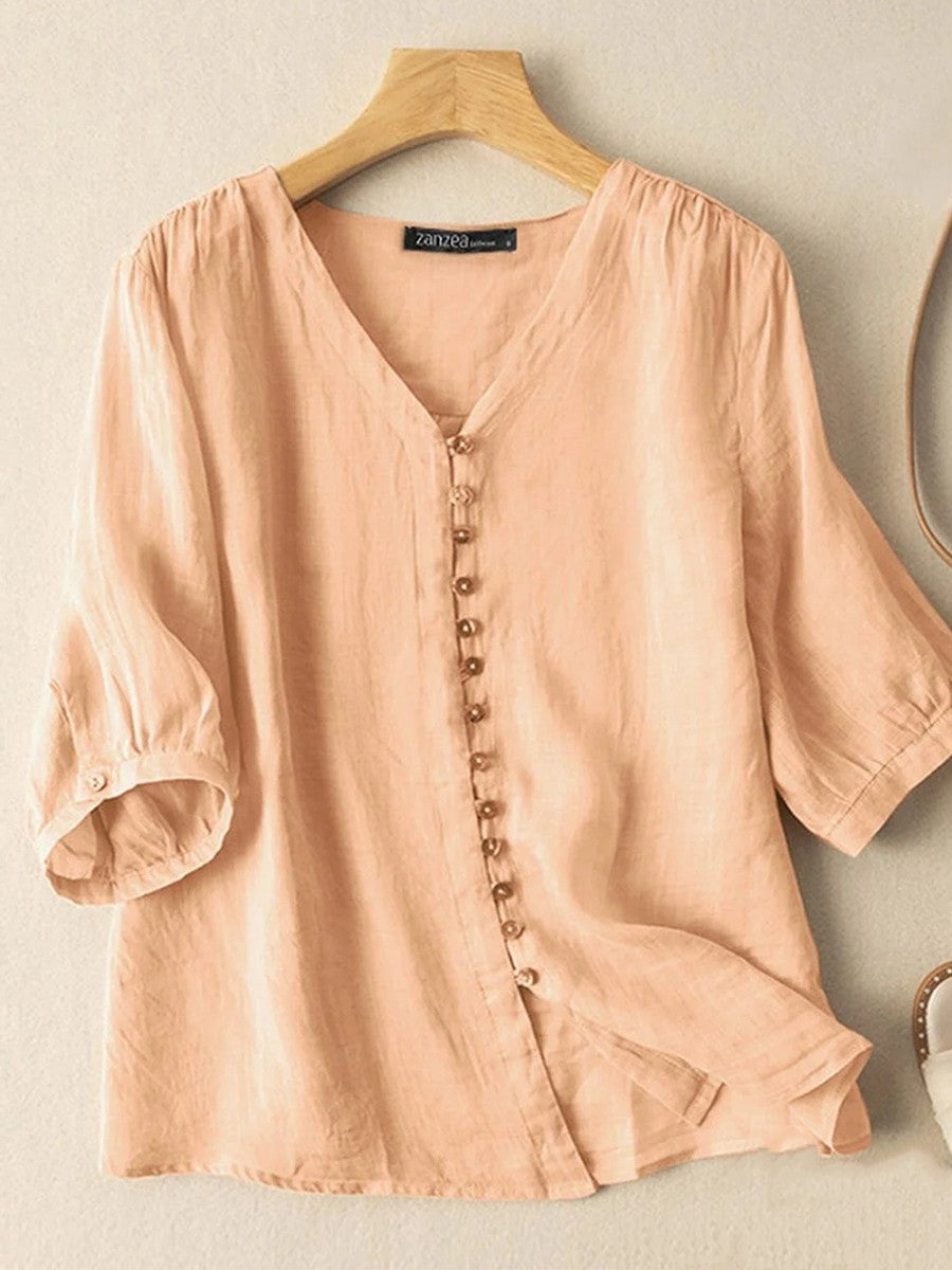 Solid Color V-Neck Buttoned Cotton 3/4 Sleevess Shirt
