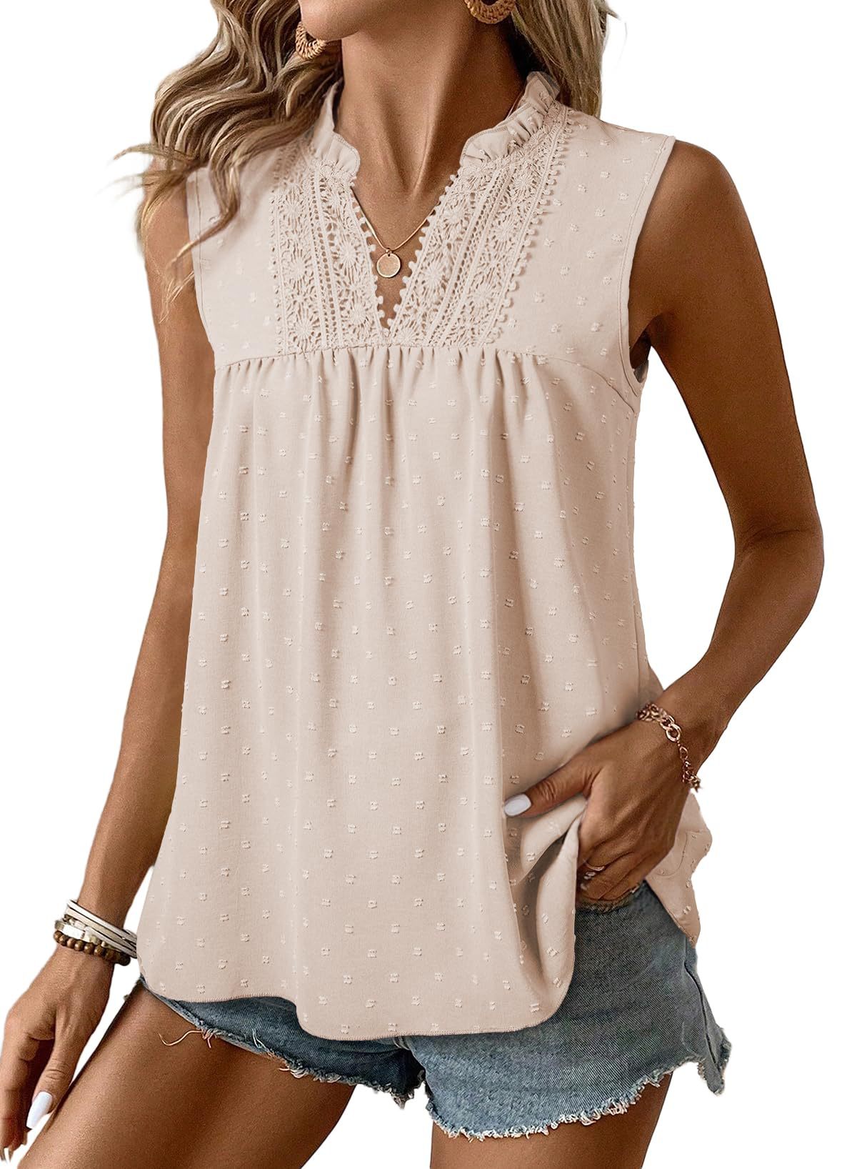 Women's Tank Top Lace Casual V Neck Elegant Swiss Dot Smocked Sleeveless T Shirts Tops 2026 Womenswear Fashion Outfits SummerVibes