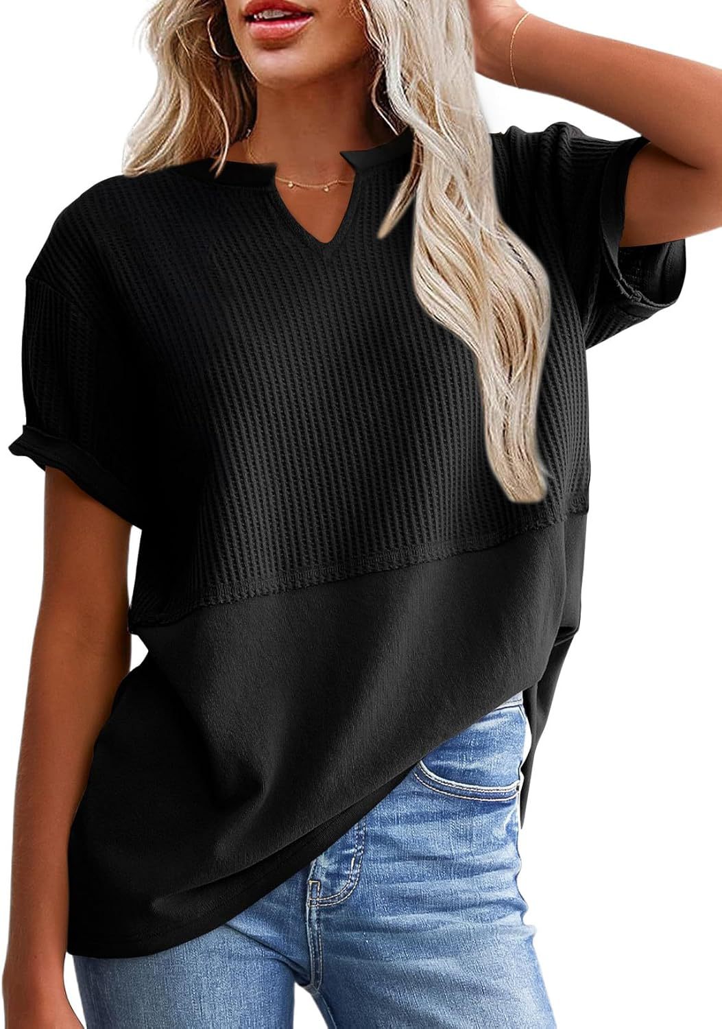2026 Summer Vibes Women's V-Neck Short Sleeve Knit Top, Solid Color, Plus Size, Fits Essential Women's Clothes for Casual Wear