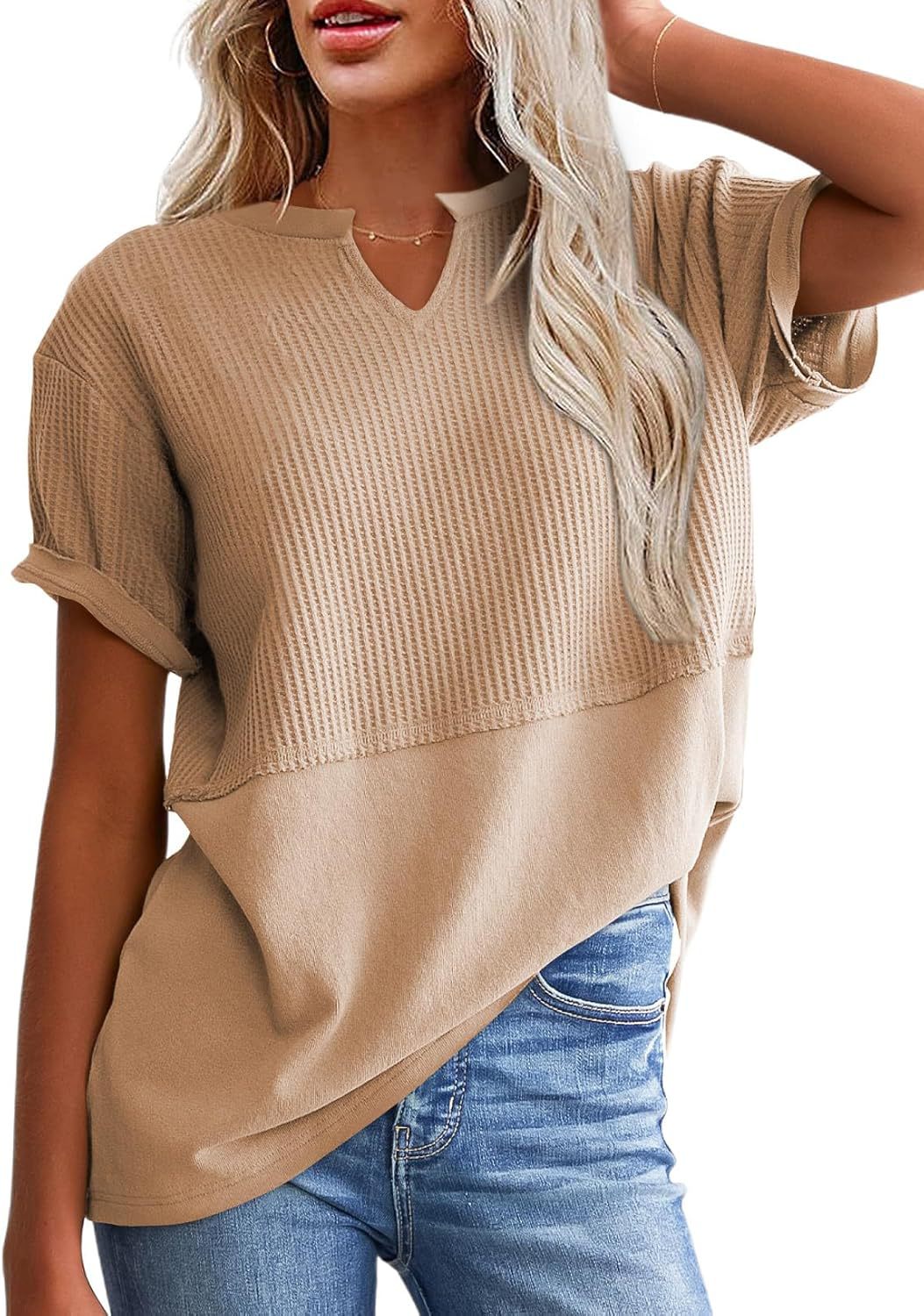2026 Summer Vibes Women's V-Neck Short Sleeve Knit Top, Solid Color, Plus Size, Fits Essential Women's Clothes for Casual Wear