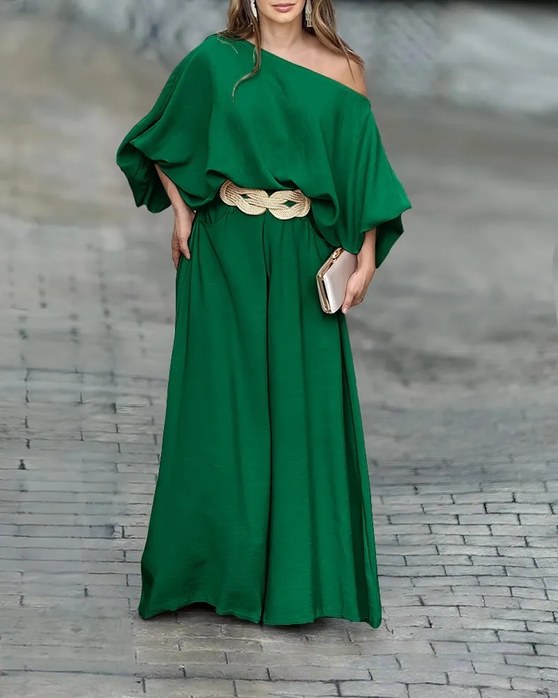 2026 ChicMe Women's Skew Neck Lantern Sleeve Top & Wide Leg Pants Set & Wedding Gust