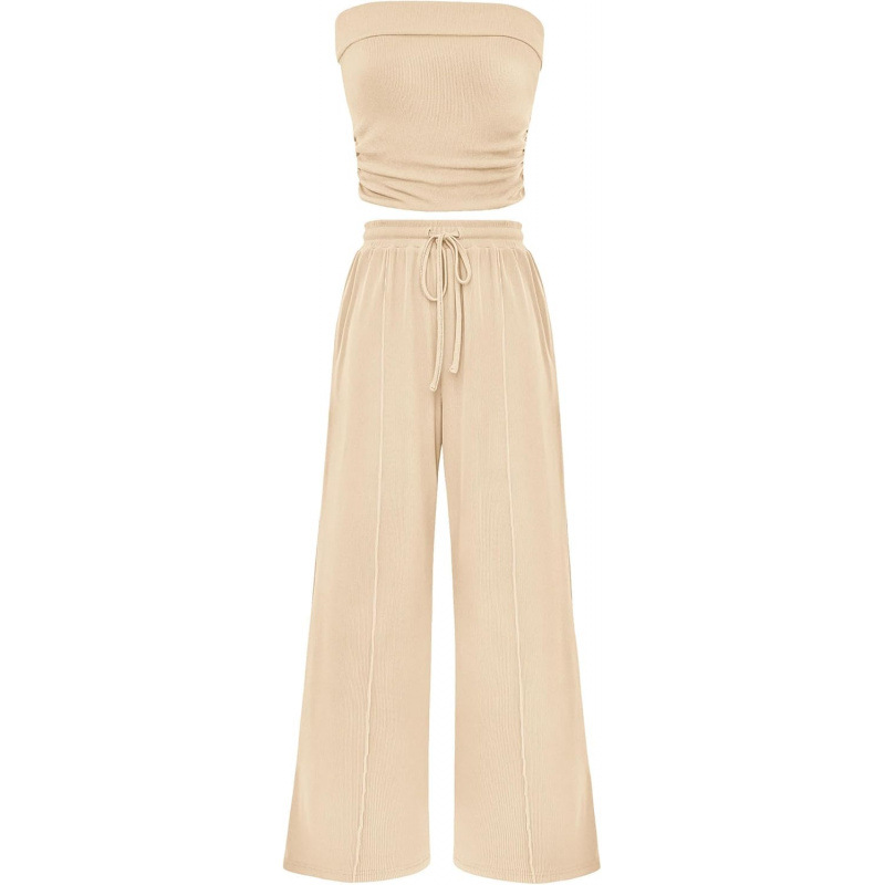 Cross-Border Hot-Selling Amazon Exclusive Women'S Summer 2-Piece Casual Ribbed Knitted Navel-Baring Tube Top Wide-Leg Pants
