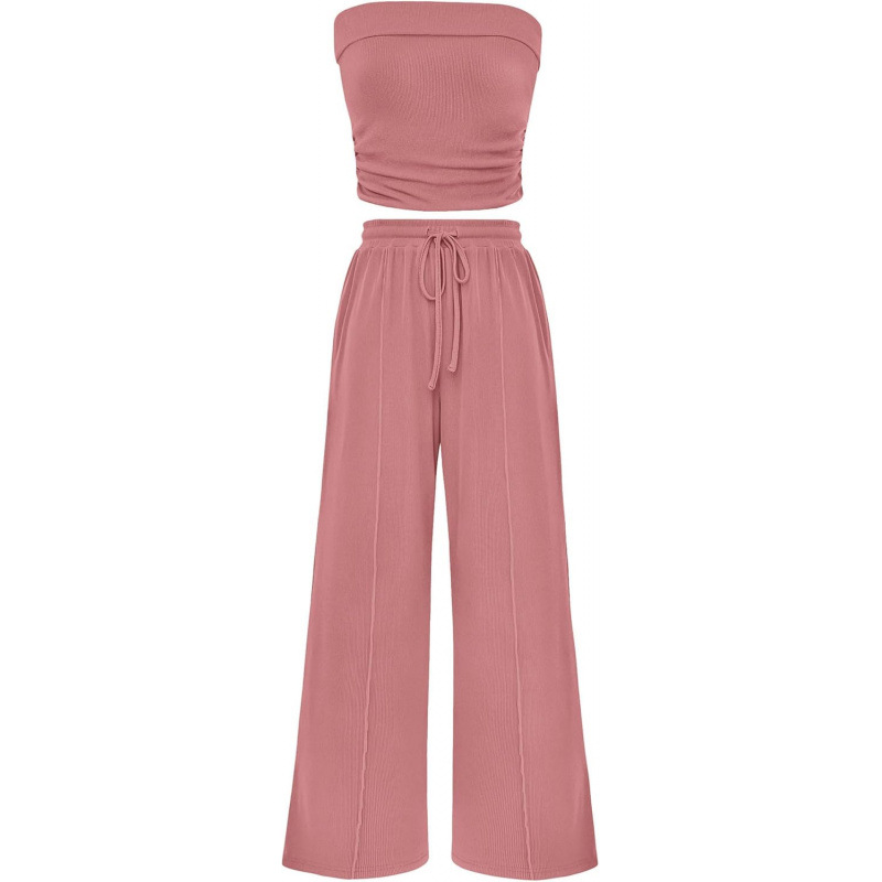 Cross-Border Hot-Selling Amazon Exclusive Women'S Summer 2-Piece Casual Ribbed Knitted Navel-Baring Tube Top Wide-Leg Pants