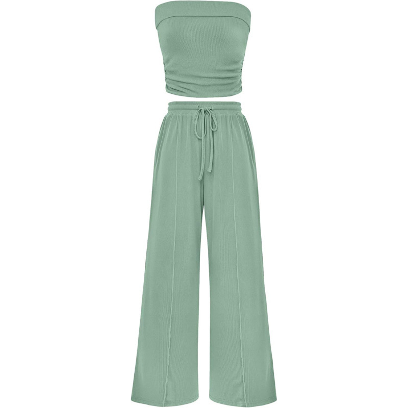 Cross-Border Hot-Selling Amazon Exclusive Women'S Summer 2-Piece Casual Ribbed Knitted Navel-Baring Tube Top Wide-Leg Pants