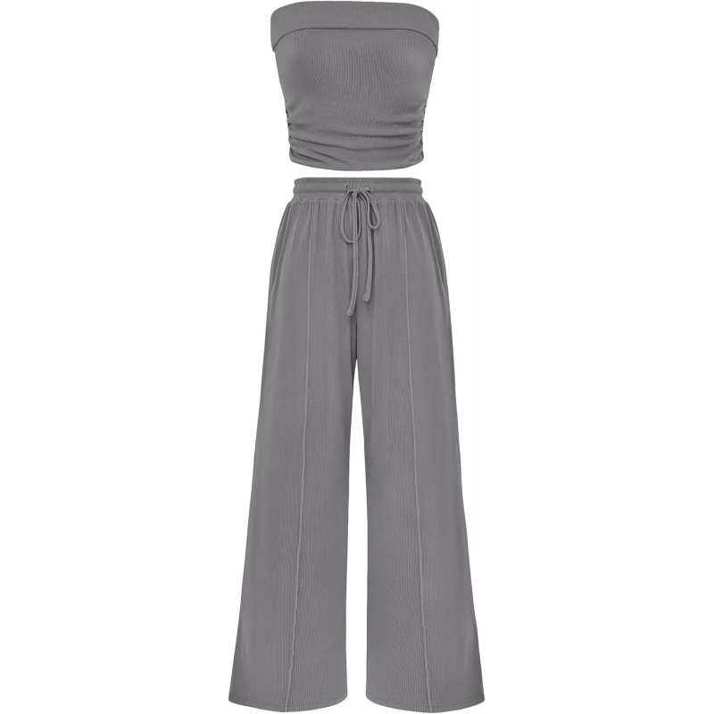 Cross-Border Hot-Selling Amazon Exclusive Women'S Summer 2-Piece Casual Ribbed Knitted Navel-Baring Tube Top Wide-Leg Pants