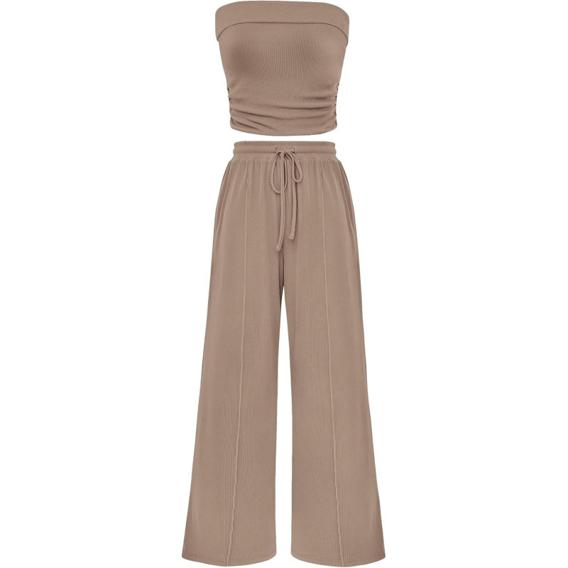 Cross-Border Hot-Selling Amazon Exclusive Women'S Summer 2-Piece Casual Ribbed Knitted Navel-Baring Tube Top Wide-Leg Pants