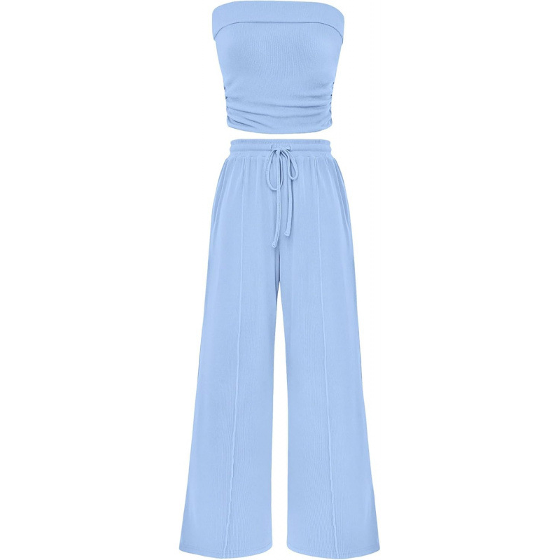Cross-Border Hot-Selling Amazon Exclusive Women'S Summer 2-Piece Casual Ribbed Knitted Navel-Baring Tube Top Wide-Leg Pants