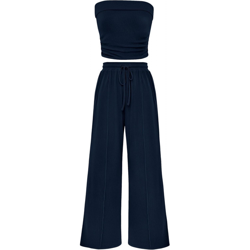 Cross-Border Hot-Selling Amazon Exclusive Women'S Summer 2-Piece Casual Ribbed Knitted Navel-Baring Tube Top Wide-Leg Pants