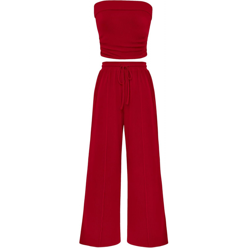 Cross-Border Hot-Selling Amazon Exclusive Women'S Summer 2-Piece Casual Ribbed Knitted Navel-Baring Tube Top Wide-Leg Pants