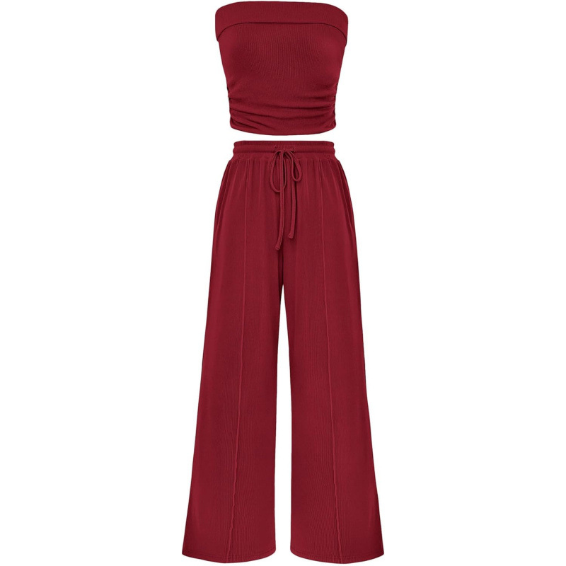 Cross-Border Hot-Selling Amazon Exclusive Women'S Summer 2-Piece Casual Ribbed Knitted Navel-Baring Tube Top Wide-Leg Pants