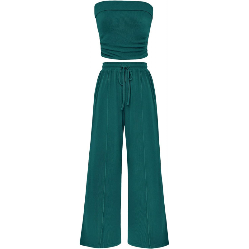 Cross-Border Hot-Selling Amazon Exclusive Women'S Summer 2-Piece Casual Ribbed Knitted Navel-Baring Tube Top Wide-Leg Pants