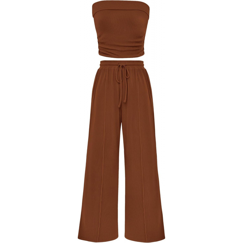 Cross-Border Hot-Selling Amazon Exclusive Women'S Summer 2-Piece Casual Ribbed Knitted Navel-Baring Tube Top Wide-Leg Pants