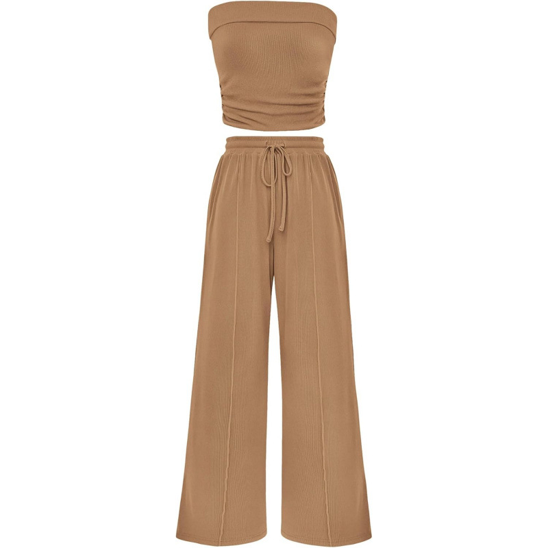 Cross-Border Hot-Selling Amazon Exclusive Women'S Summer 2-Piece Casual Ribbed Knitted Navel-Baring Tube Top Wide-Leg Pants