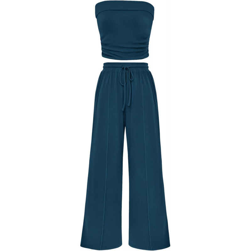 Cross-Border Hot-Selling Amazon Exclusive Women'S Summer 2-Piece Casual Ribbed Knitted Navel-Baring Tube Top Wide-Leg Pants