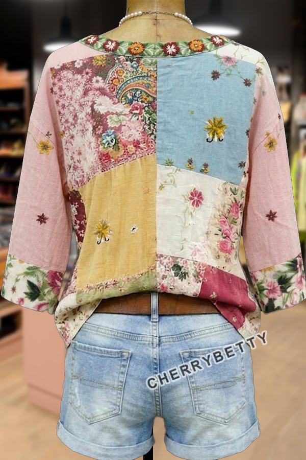 Retro Floral Embroidered V-Neck Short Sleeve Cotton Top