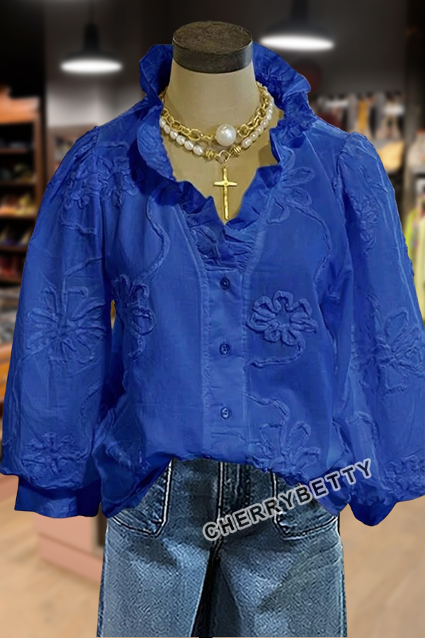 Embroidered Flower Ruffle Neck Puff Sleeve Top