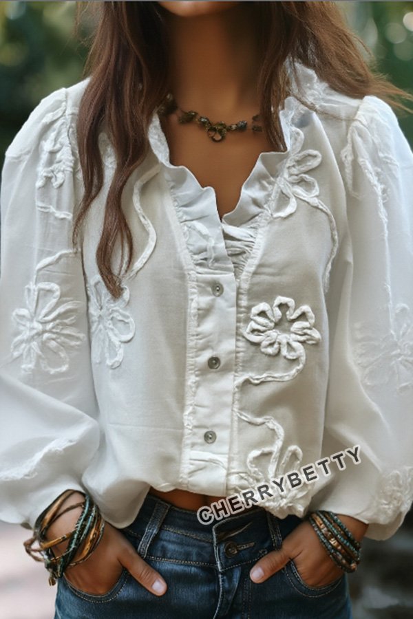Embroidered Flower Ruffle Neck Puff Sleeve Top