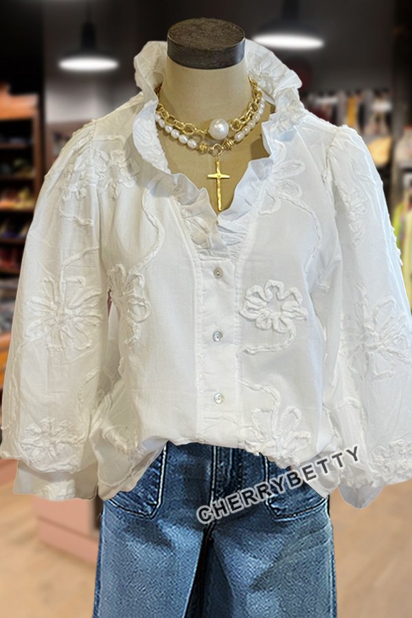 Embroidered Flower Ruffle Neck Puff Sleeve Top