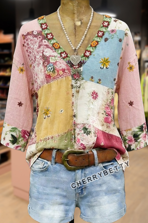 Retro Floral Embroidered V-Neck Short Sleeve Cotton Top
